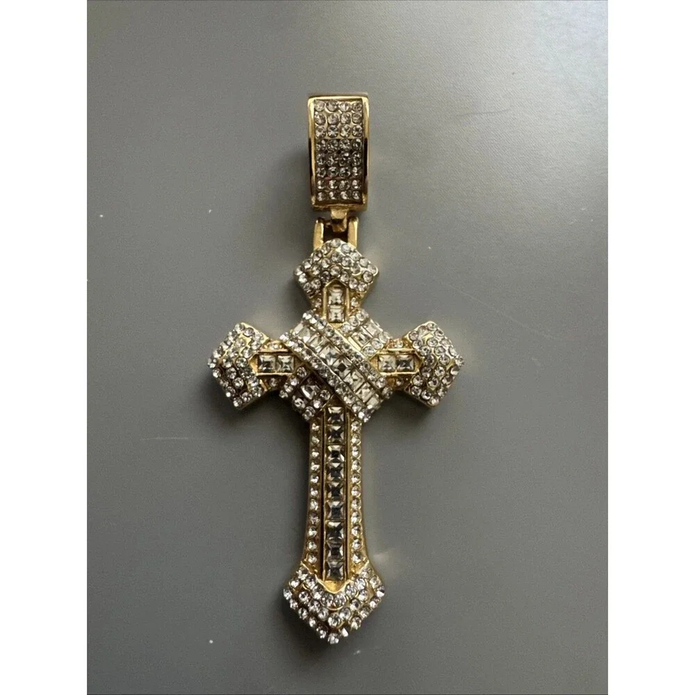Cross Pendant Cubic Zirconia Jesus 24” Chain Gold Plated Religious Faith Gift